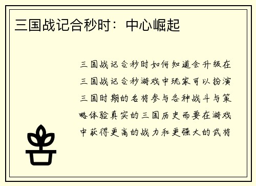 三国战记合秒时：中心崛起
